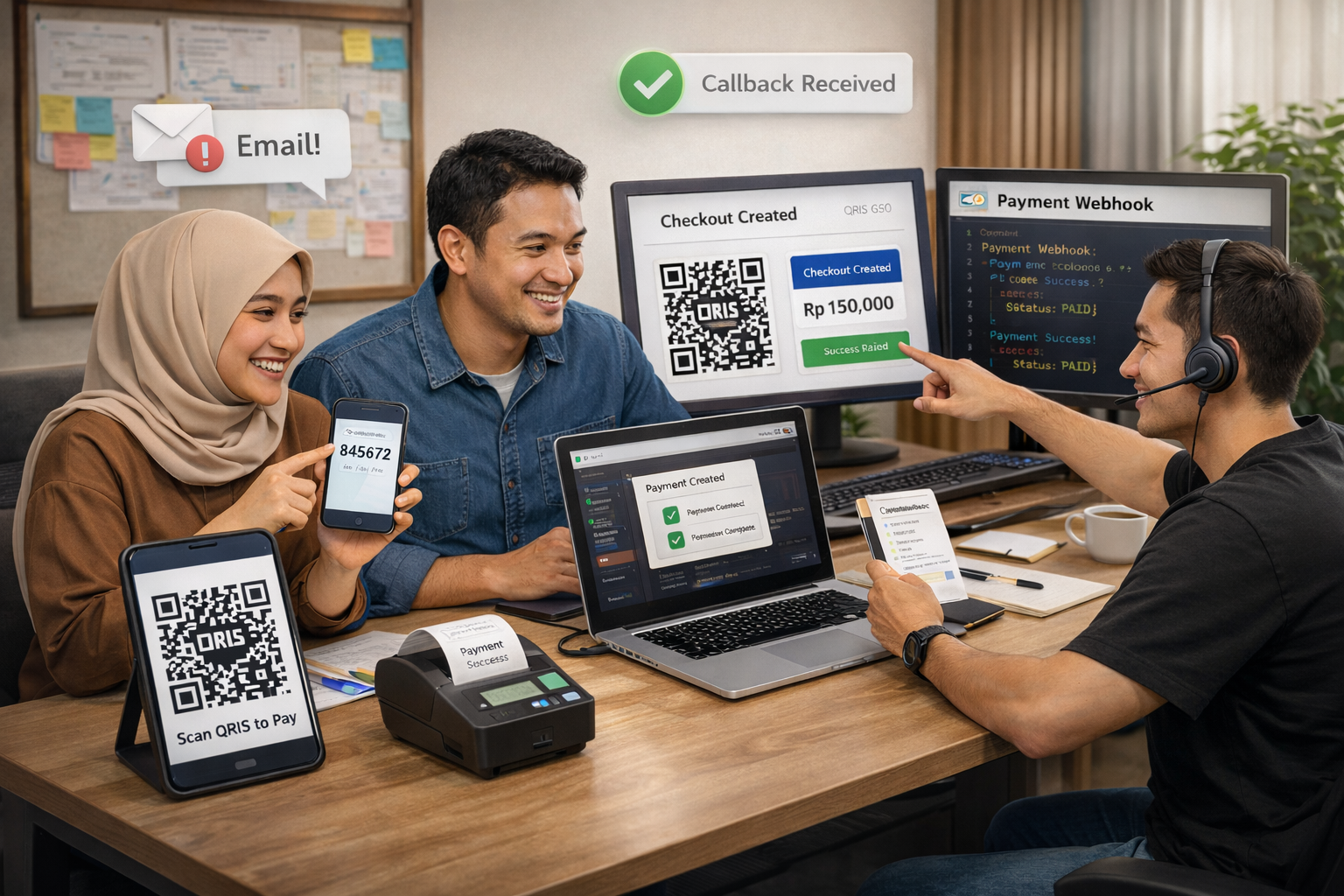 Kolaborasi tim BabyGo saat memantau OTP merchant, checkout QRIS, dan payment webhook